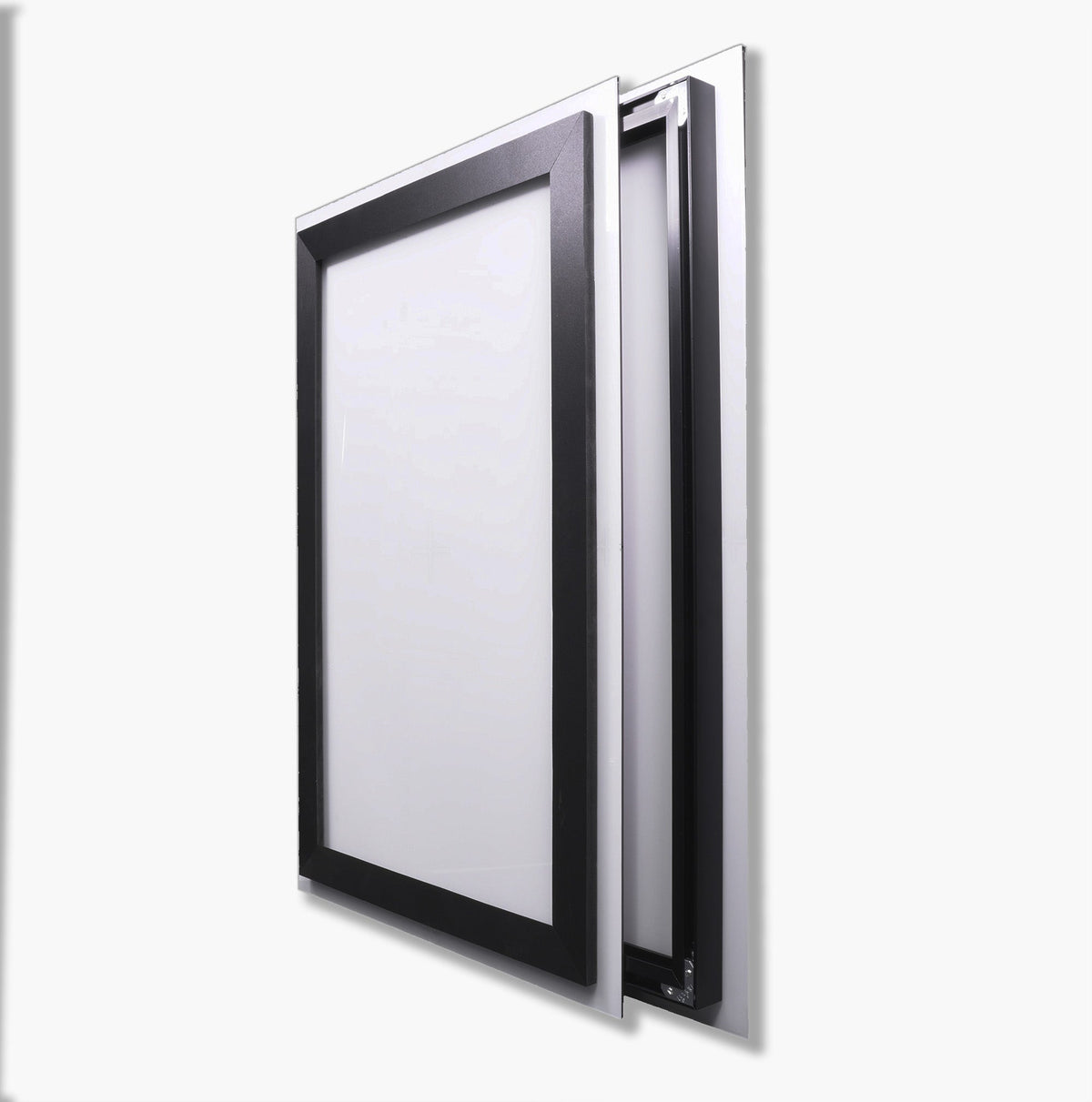 Sintra recess mount and Aluminum recess mount shown side by side before printing, comparing how far each one floats the panel off the wall