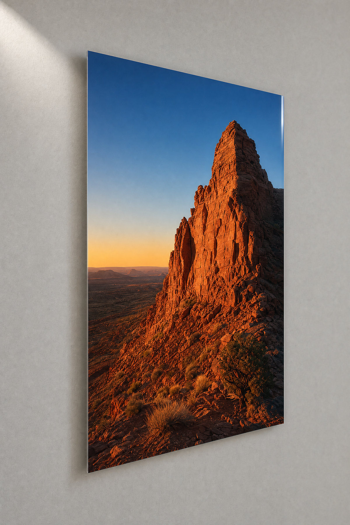 Opticrylic 24x36 acrylic print, Southwest desert photograph, three-quarter view on a light wall
